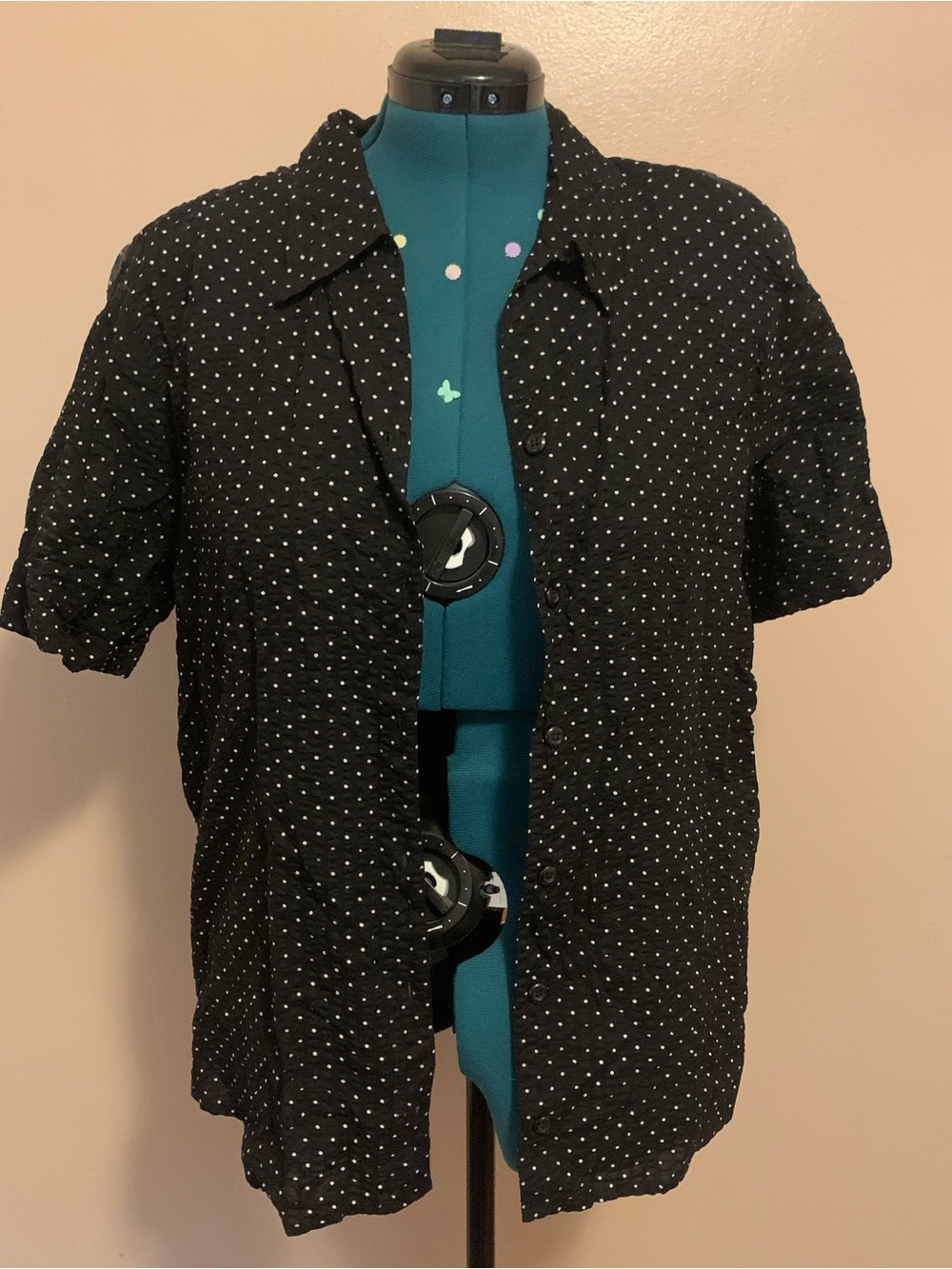 Erika Black Short-Sleeve Spotted Button-Down Shirt